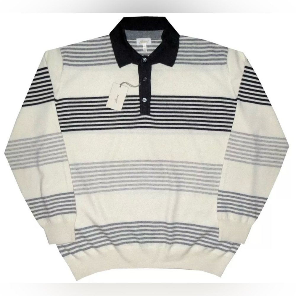 $2600 NEW BRIONI 100% CASHMERE SWEATER XXL 3 BUTTON POLO RARE STRIPED PULLOVER